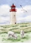 Preview: Postkarte DIN-A6  Aquarell Kunst Maritim Druck Kunstdruck Leuchtturm List Sylt Nordsee Meer Strand Dünen Schafe